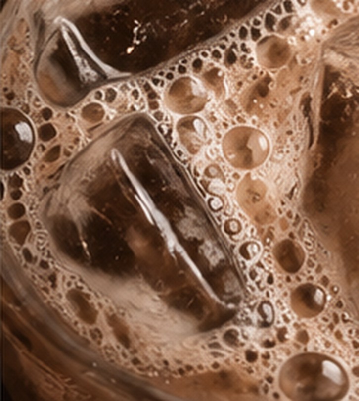 Iced mocha kopi with ice and foam bubbles, close up