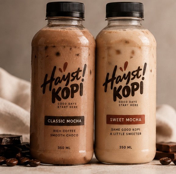 Two Hayst Kopi bottles, Classic Mocha and Sweet Mocha, with chocolate and coffee beans